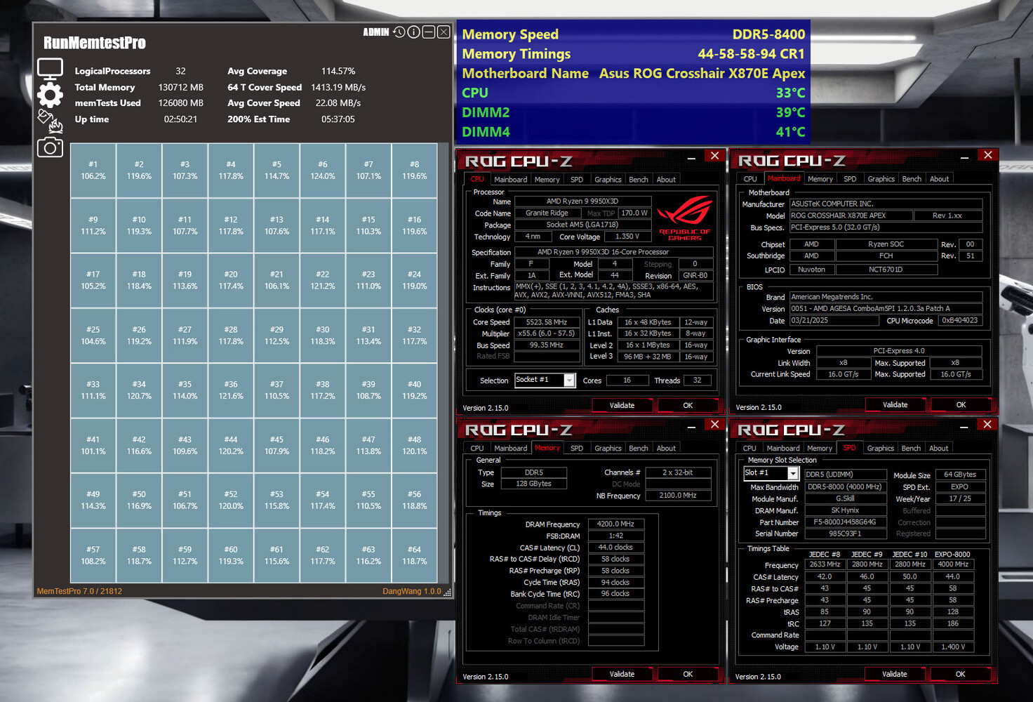 G.Skill displays overclocked memory with DDR5-8400 CL44 128GB (2x 64GB) capacity.